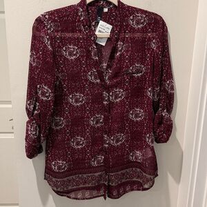 Kut from the Kloth Floral Sheer  Burgundy Blouse size XS NWT